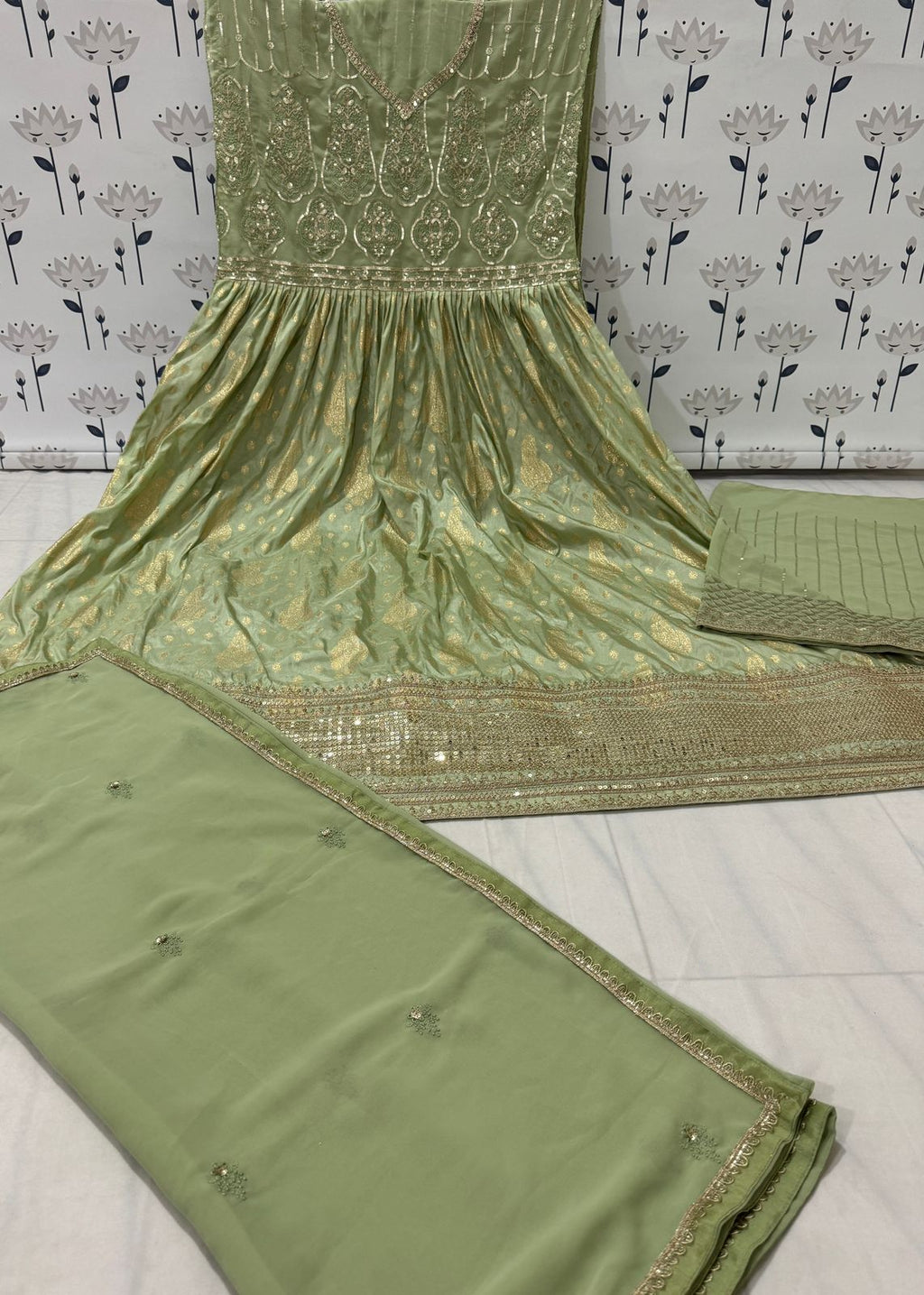 Anaita Mehendi Embroidered Viscose Jacquard Anarkali Suit - Distacart