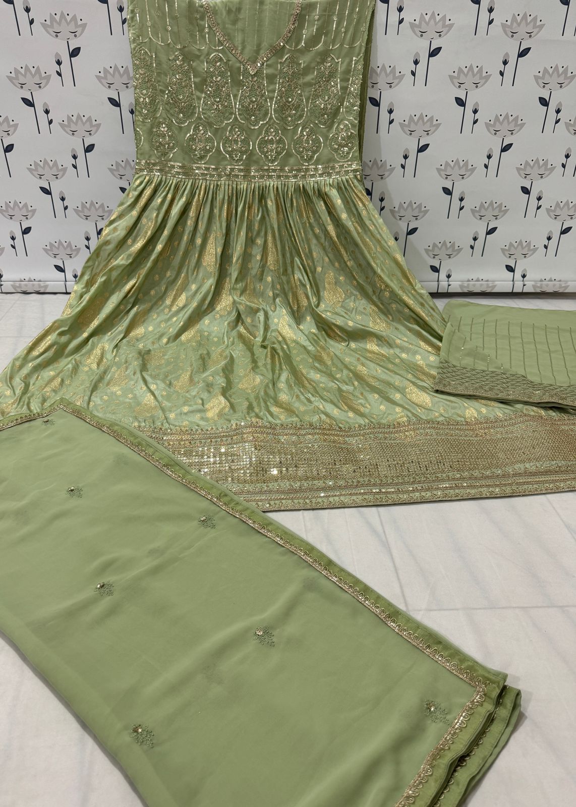 Anaita Mehendi Embroidered Viscose Jacquard Anarkali Suit - Distacart