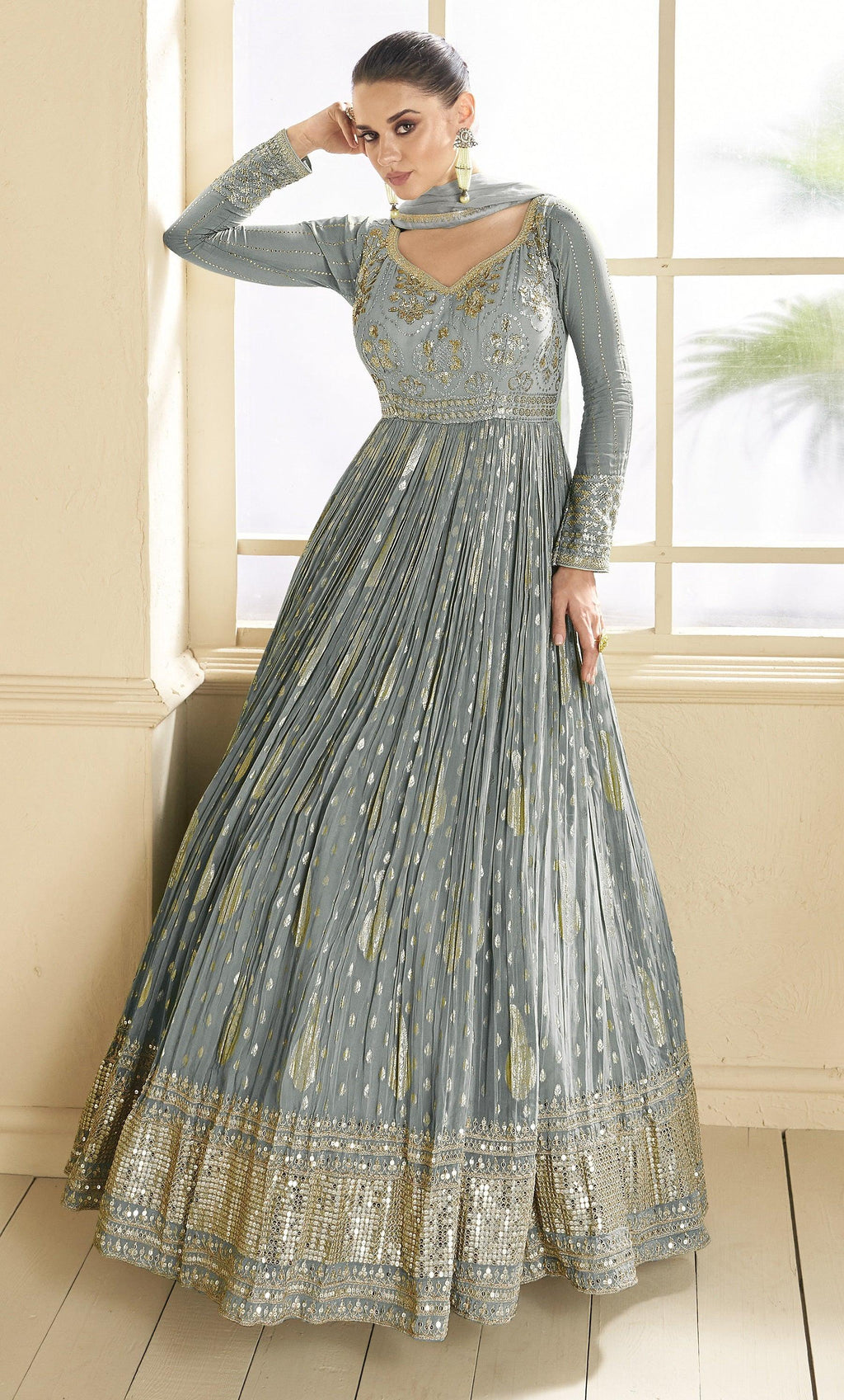 Anaita Grey Embroidered Viscose Jacquard Anarkali Suit - Distacart