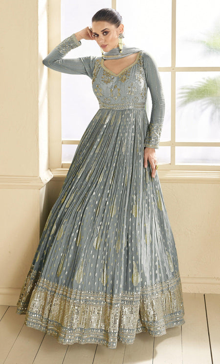 Anaita Grey Embroidered Viscose Jacquard Anarkali Suit