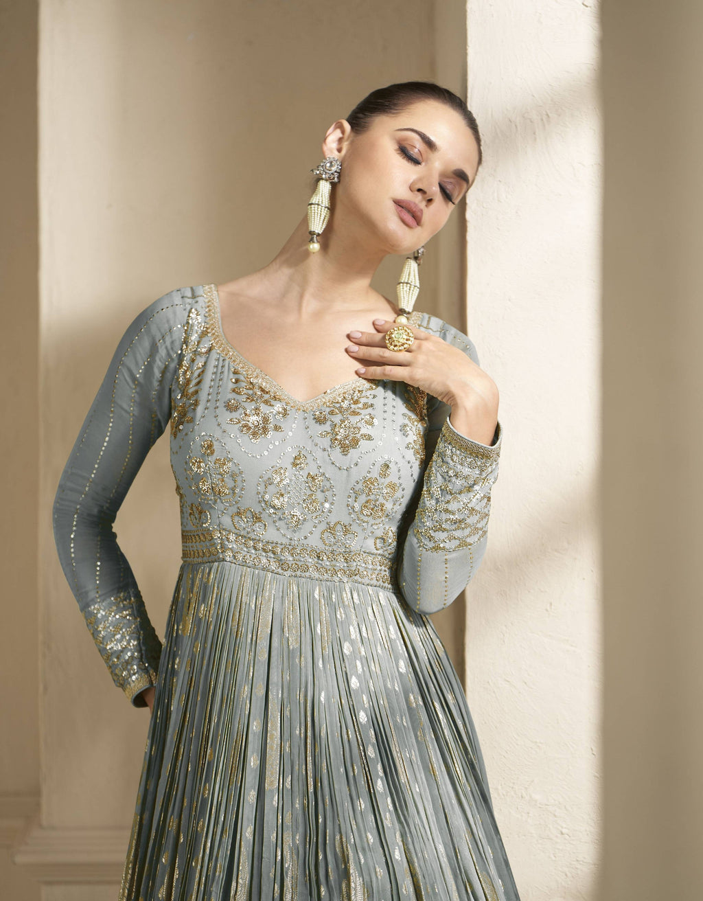 Anaita Grey Embroidered Viscose Jacquard Anarkali Suit - Distacart