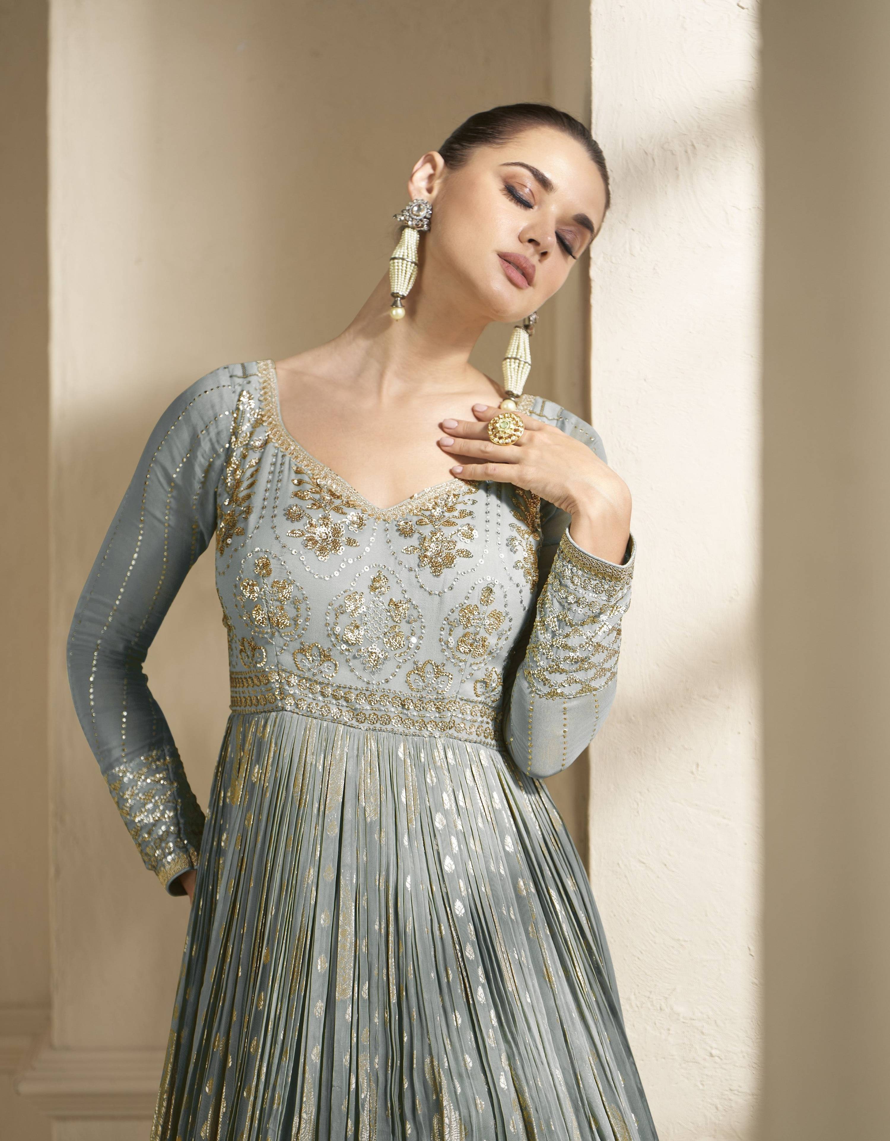 Anaita Grey Embroidered Viscose Jacquard Anarkali Suit - Distacart