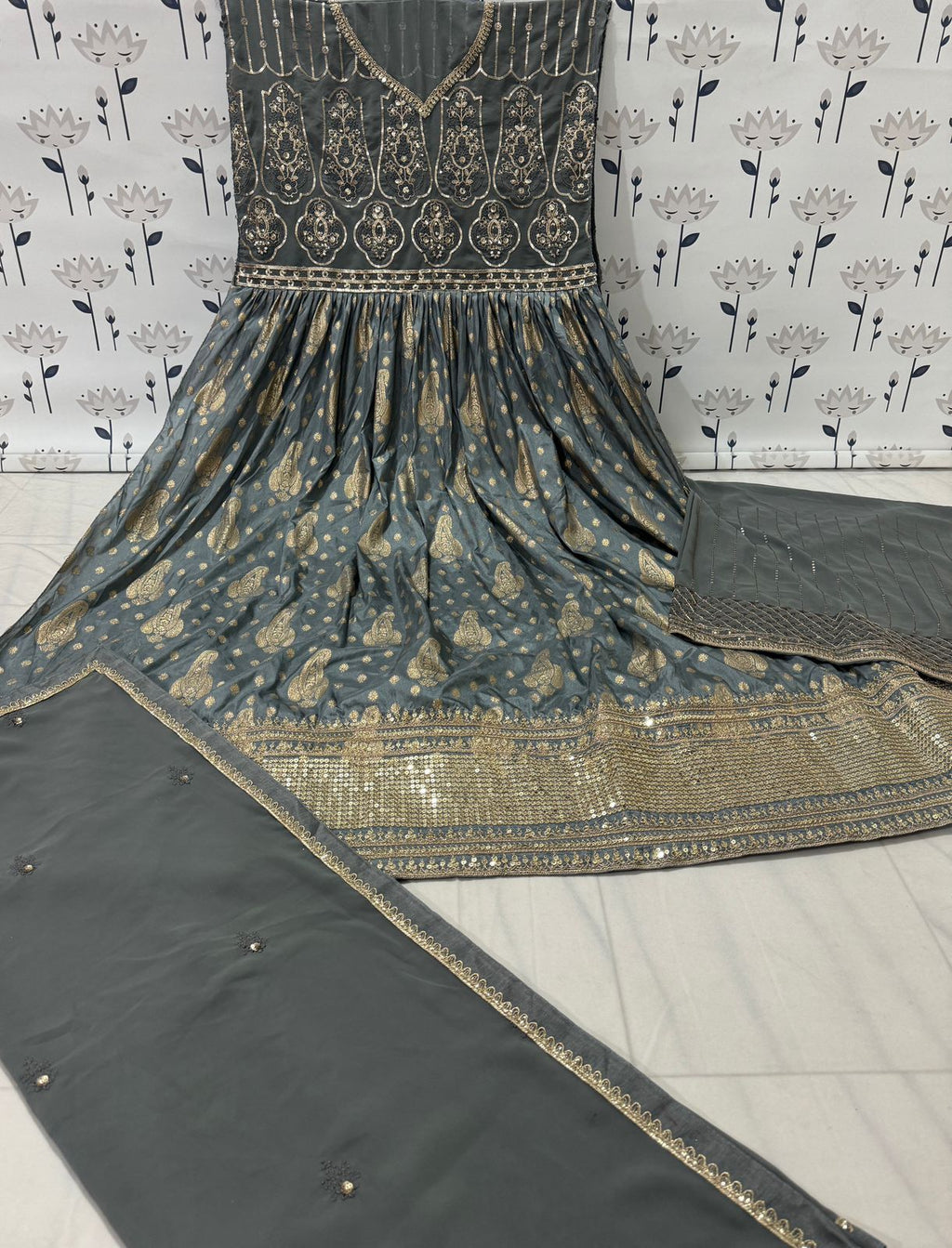 Anaita Grey Embroidered Viscose Jacquard Anarkali Suit - Distacart