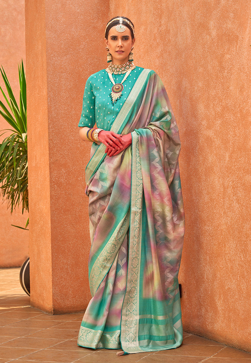 Monjolika Fashion Foliage Prints Silk Turquoise Classic Saree - Distacart