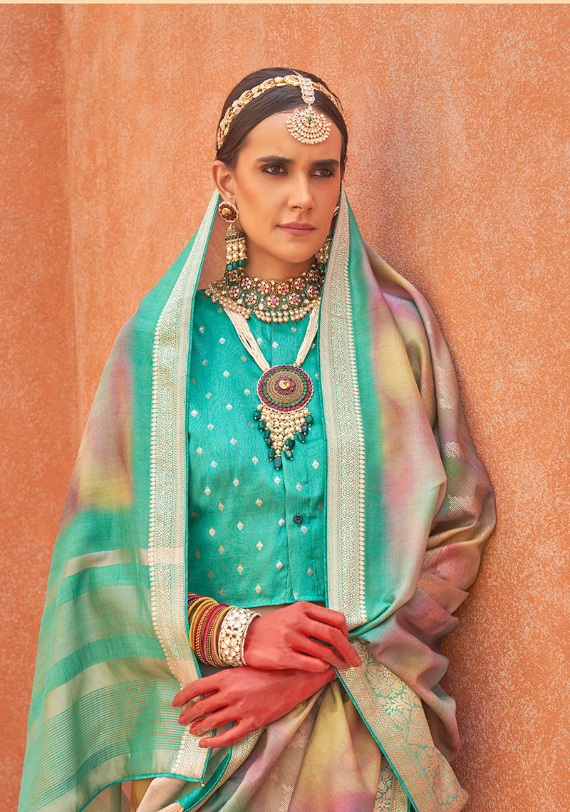 Monjolika Fashion Foliage Prints Silk Turquoise Classic Saree - Distacart