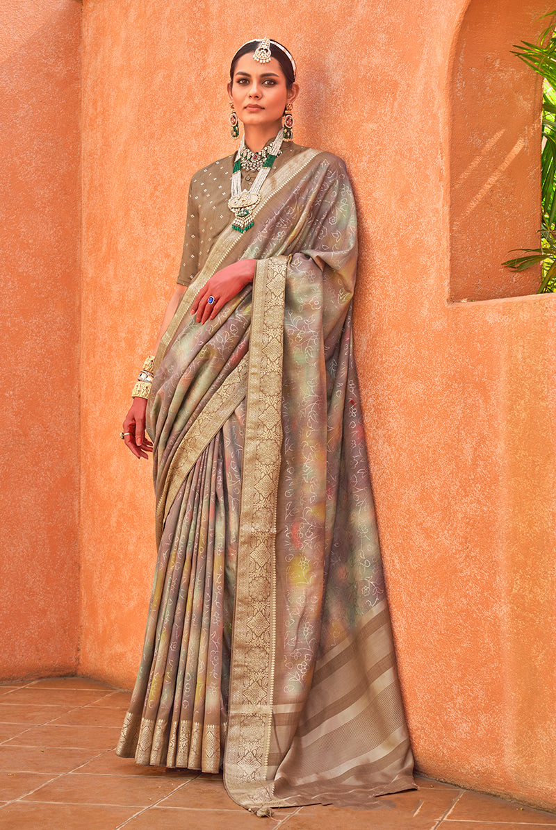 Monjolika Fashion Foil Print Traditional Silk Saree In Light Brown - Distacart