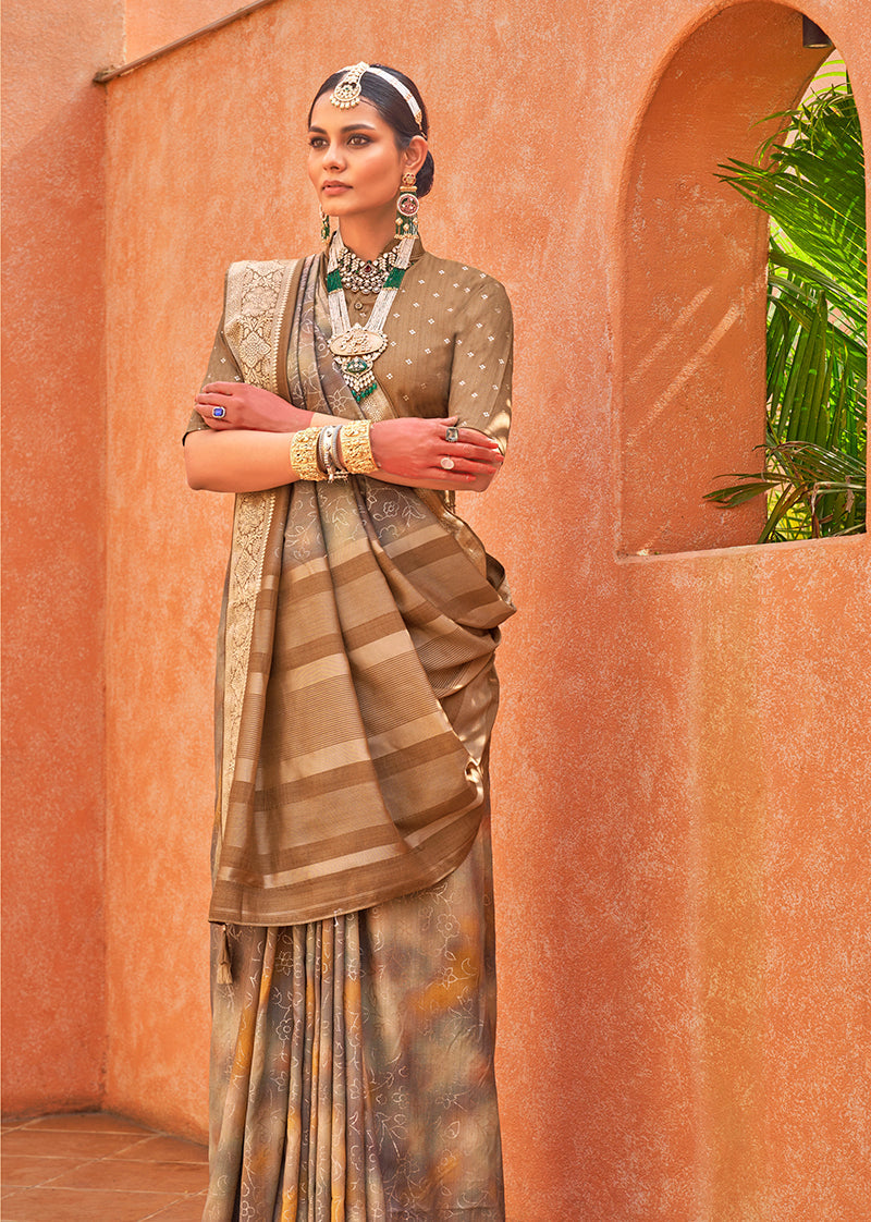 Monjolika Fashion Foil Print Traditional Silk Saree In Light Brown - Distacart