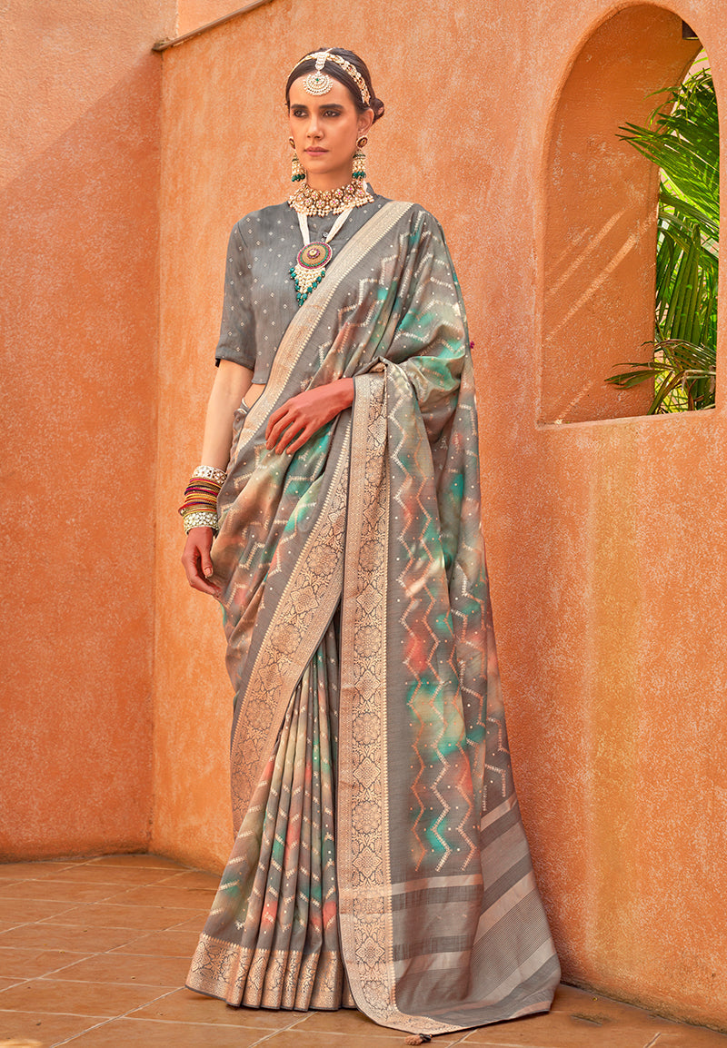 Monjolika Fashion Silk Foil Print Trendy Saree In Grey - Distacart