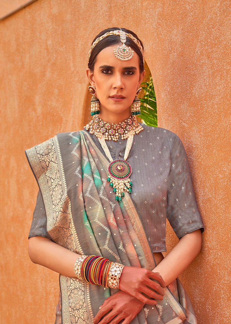 Monjolika Fashion Silk Foil Print Trendy Saree In Grey - Distacart