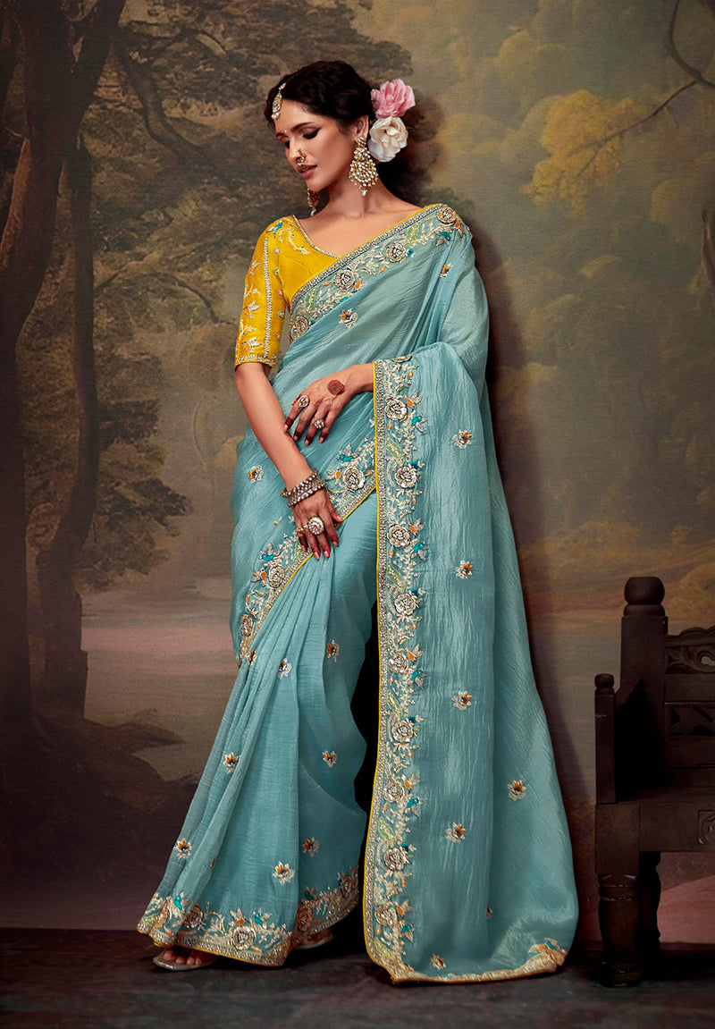 Monjolika Fashion Embroidered Thread Work Organza Aqua Blue Classic Saree