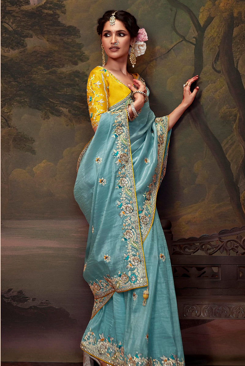 Monjolika Fashion Embroidered Thread Work Organza Aqua Blue Classic Saree