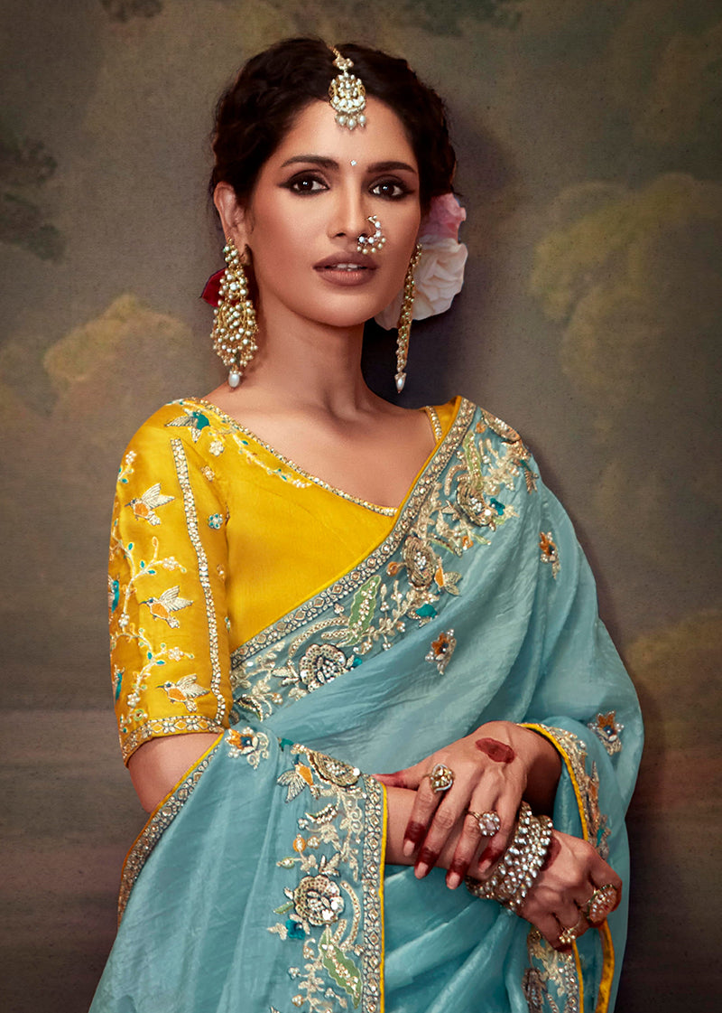 Monjolika Fashion Embroidered Thread Work Organza Aqua Blue Classic Saree
