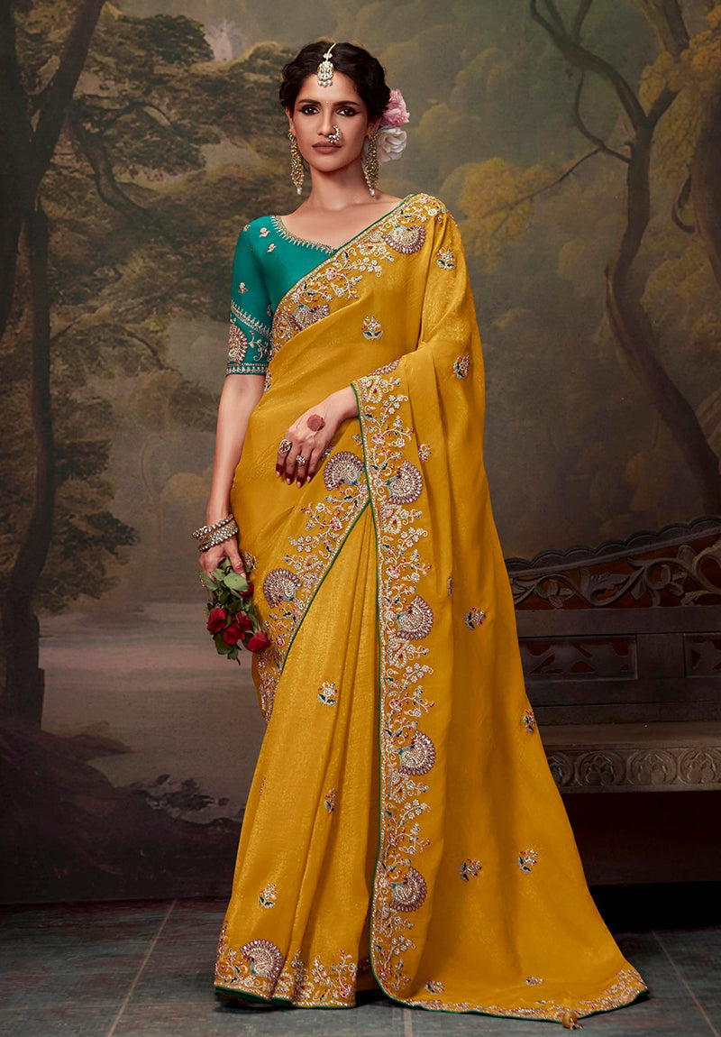 Monjolika Fashion Organza Mustard Embroidered Thread Work Contemporary Saree - Distacart