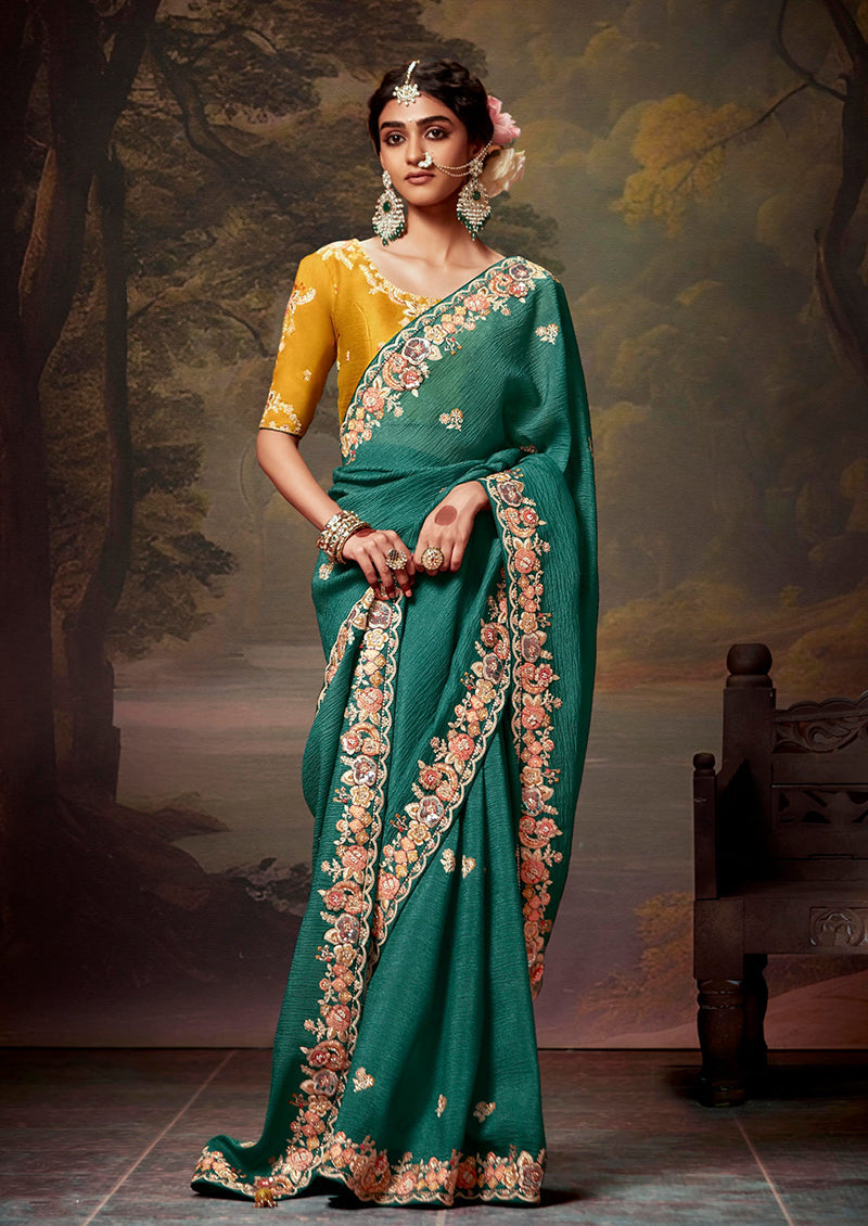 Monjolika Fashion Organza Embroidered Thread Work Teal Designer Saree - Distacart