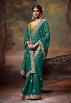 Monjolika Fashion Organza Embroidered Thread Work Teal Designer Saree - Distacart