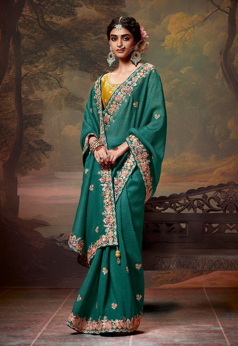 Monjolika Fashion Organza Embroidered Thread Work Teal Designer Saree - Distacart