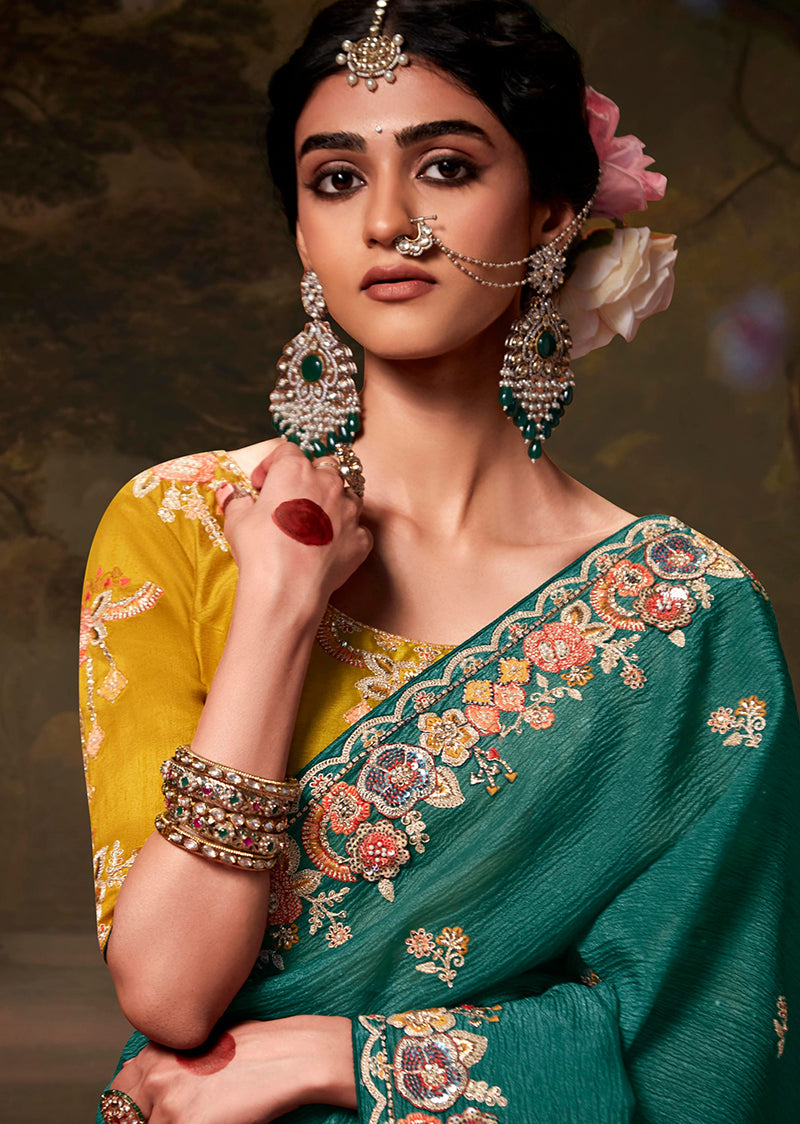 Monjolika Fashion Organza Embroidered Thread Work Teal Designer Saree - Distacart