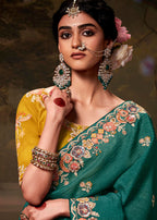 Monjolika Fashion Organza Embroidered Thread Work Teal Designer Saree - Distacart