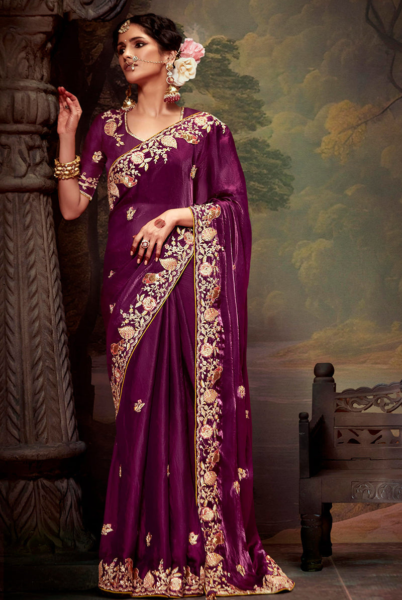 Monjolika Fashion Burgundy Organza Embroidered Thread Work Traditional Saree