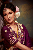 Monjolika Fashion Burgundy Organza Embroidered Thread Work Traditional Saree