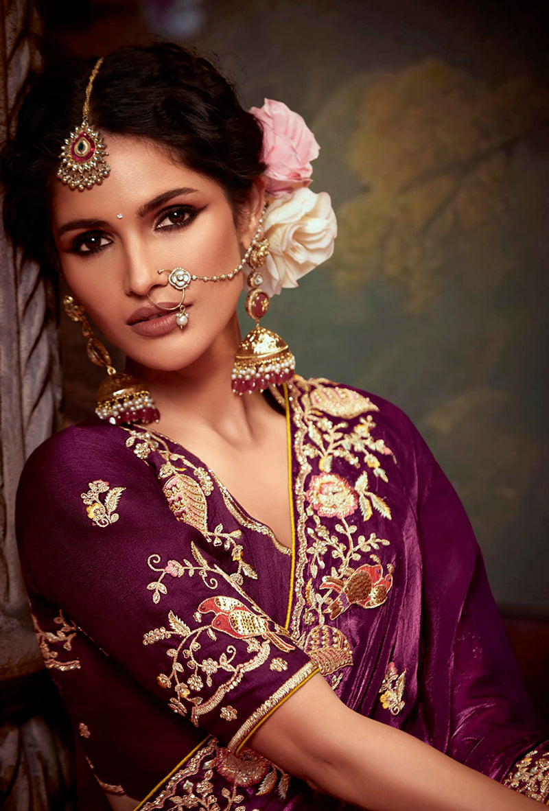 Monjolika Fashion Burgundy Organza Embroidered Thread Work Traditional Saree