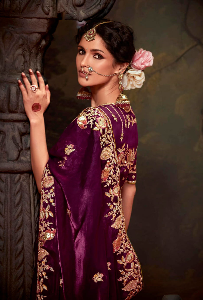 Monjolika Fashion Burgundy Organza Embroidered Thread Work Traditional Saree