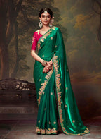 Monjolika Fashion Organza Green Embroidered Thread Work Trendy Saree