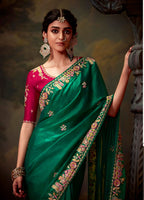 Monjolika Fashion Organza Green Embroidered Thread Work Trendy Saree
