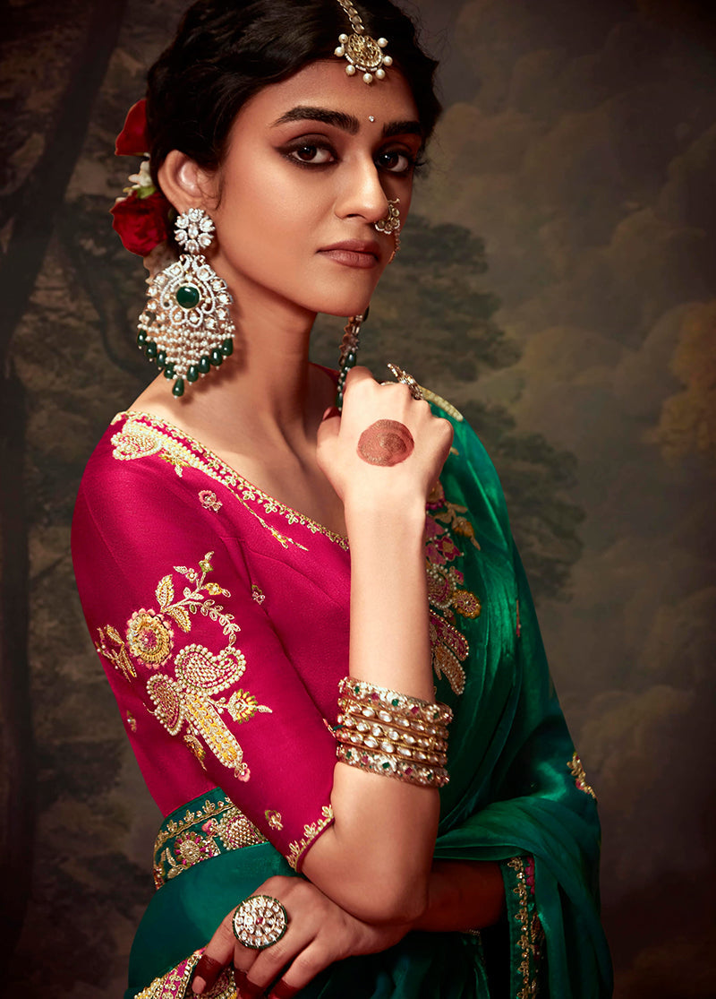Monjolika Fashion Organza Green Embroidered Thread Work Trendy Saree