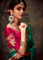 Monjolika Fashion Organza Green Embroidered Thread Work Trendy Saree