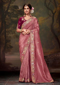 Monjolika Fashion Organza Pink Embroidered Thread Work Classic Saree