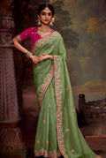 Monjolika Fashion Organza Embroidered Thread Work Contemporary Saree In Light Green
