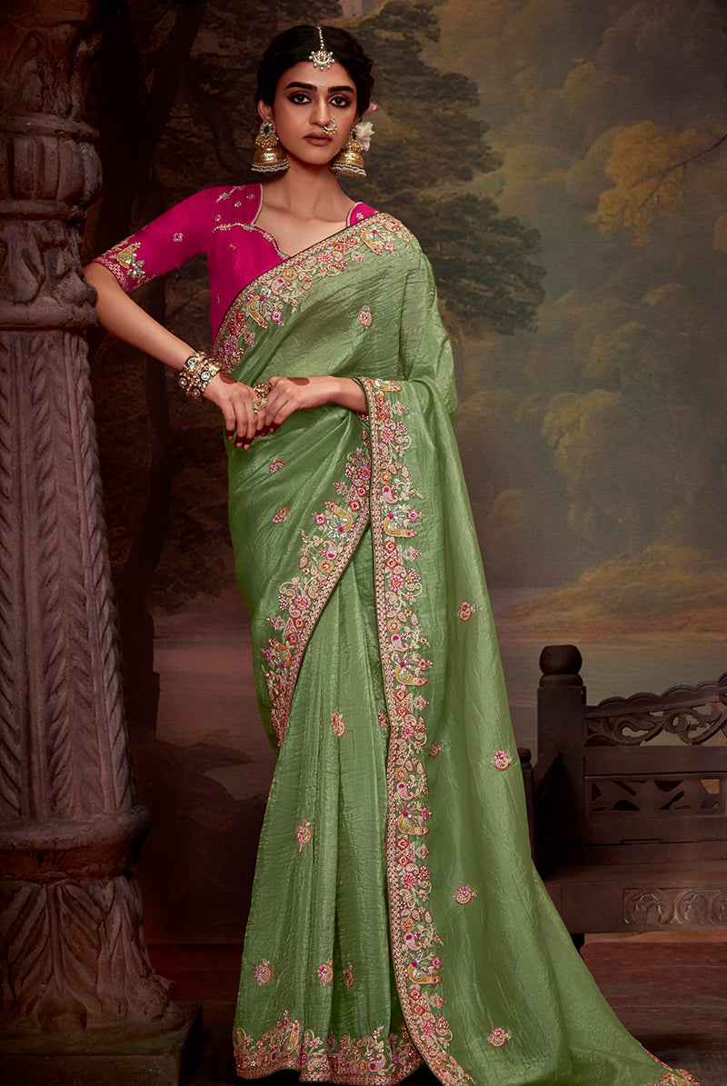 Monjolika Fashion Organza Embroidered Thread Work Contemporary Saree In Light Green
