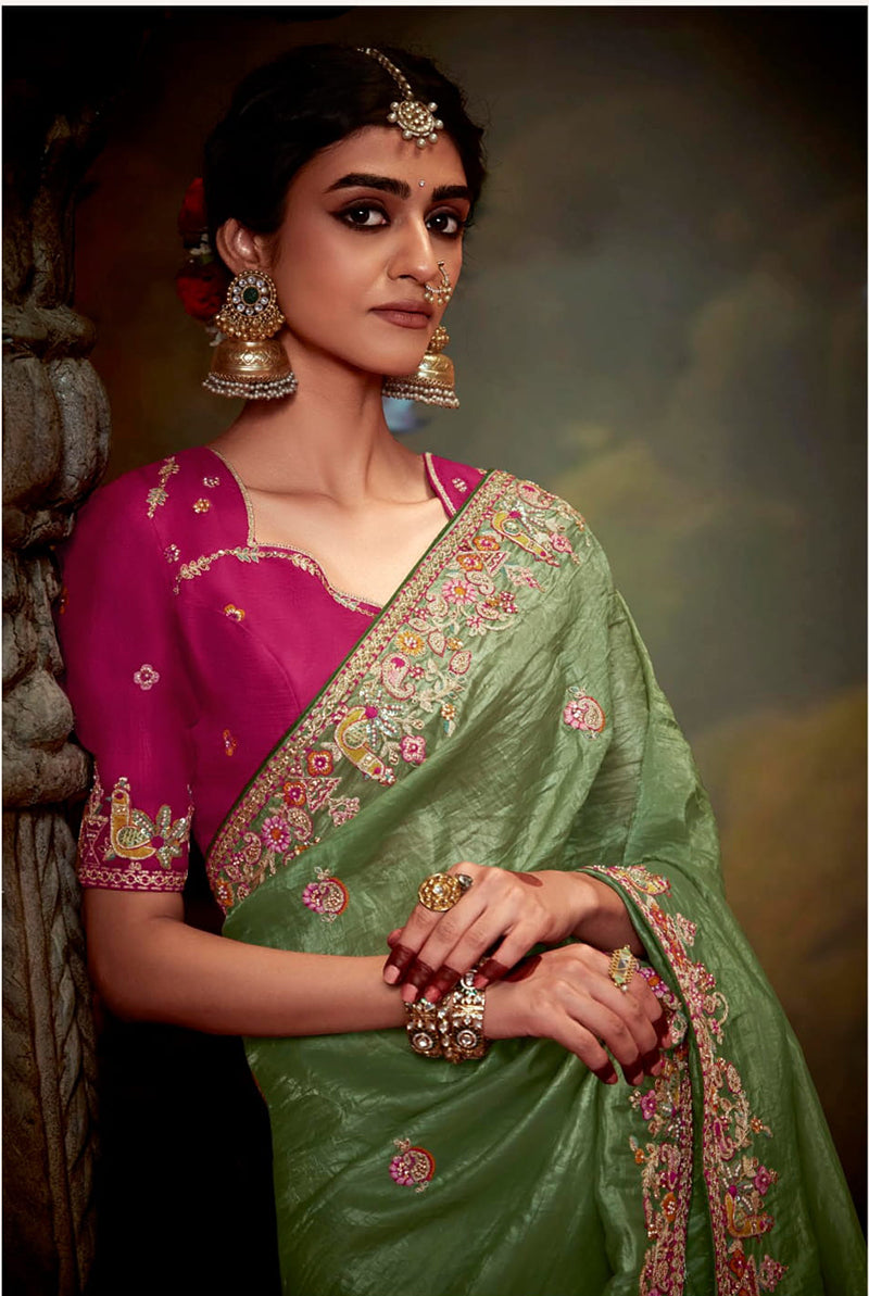 Monjolika Fashion Organza Embroidered Thread Work Contemporary Saree In Light Green