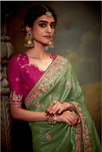Monjolika Fashion Organza Embroidered Thread Work Contemporary Saree In Light Green