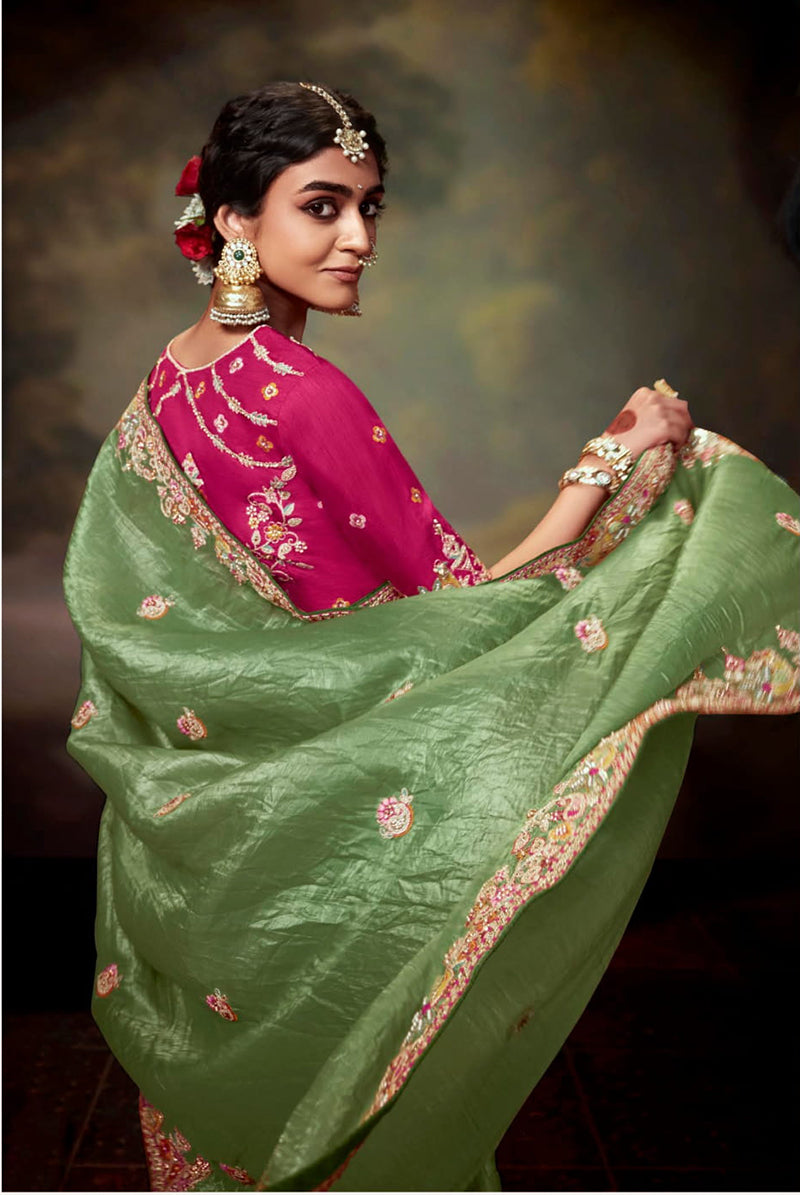 Monjolika Fashion Organza Embroidered Thread Work Contemporary Saree In Light Green