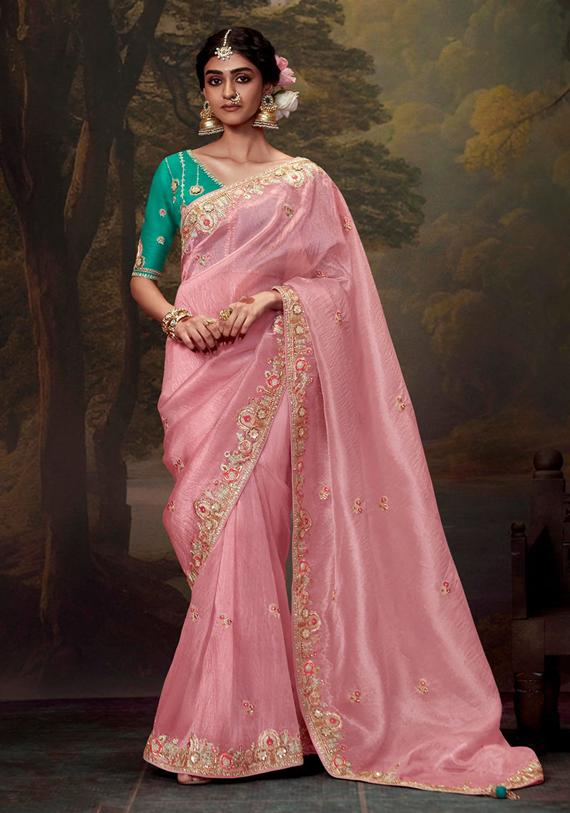 Monjolika Fashion Organza Embroidered Thread Work Light Pink Trendy Saree