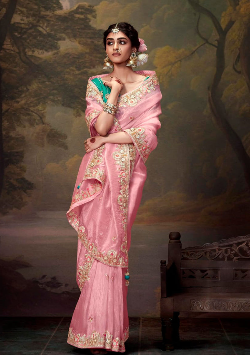 Monjolika Fashion Organza Embroidered Thread Work Light Pink Trendy Saree