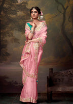 Monjolika Fashion Organza Embroidered Thread Work Light Pink Trendy Saree
