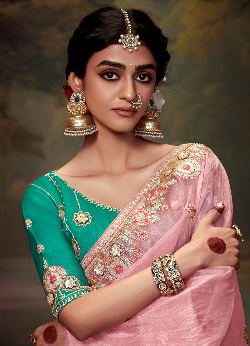 Monjolika Fashion Organza Embroidered Thread Work Light Pink Trendy Saree