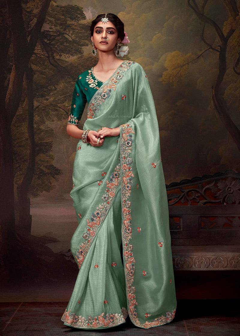 Monjolika Fashion Organza Embroidered Thread Work Turquoise Designer Saree