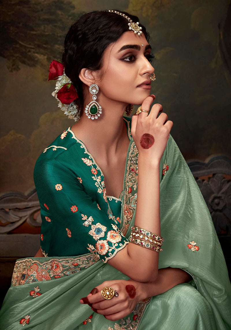 Monjolika Fashion Organza Embroidered Thread Work Turquoise Designer Saree