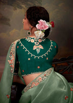 Monjolika Fashion Organza Embroidered Thread Work Turquoise Designer Saree