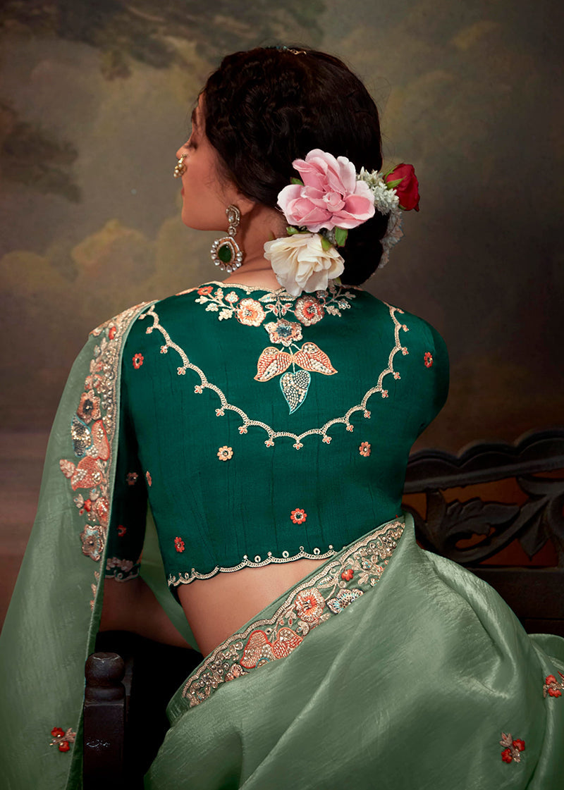 Monjolika Fashion Organza Embroidered Thread Work Turquoise Designer Saree