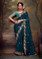 Monjolika Fashion Embroidered Thread Work Organza Dark Teal Classic Saree