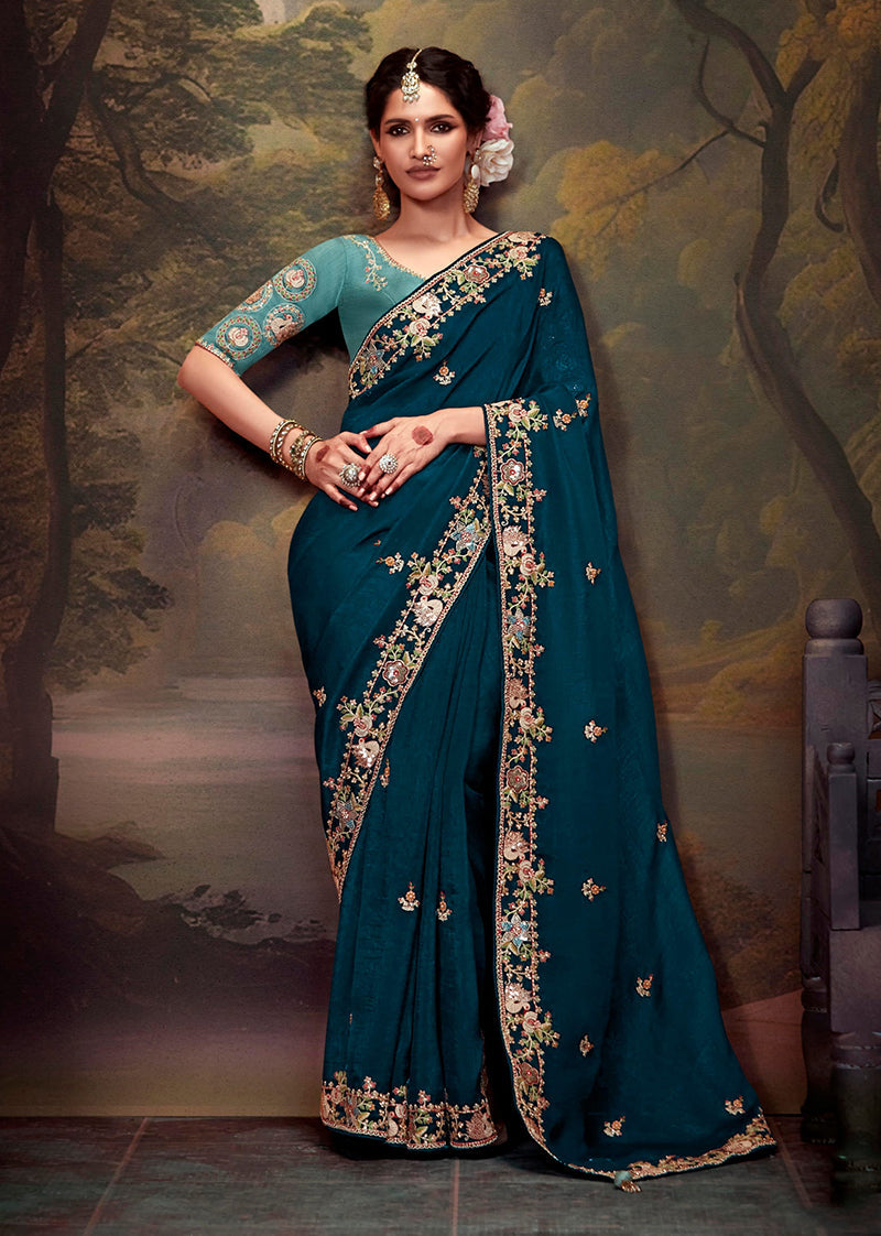 Monjolika Fashion Embroidered Thread Work Organza Dark Teal Classic Saree