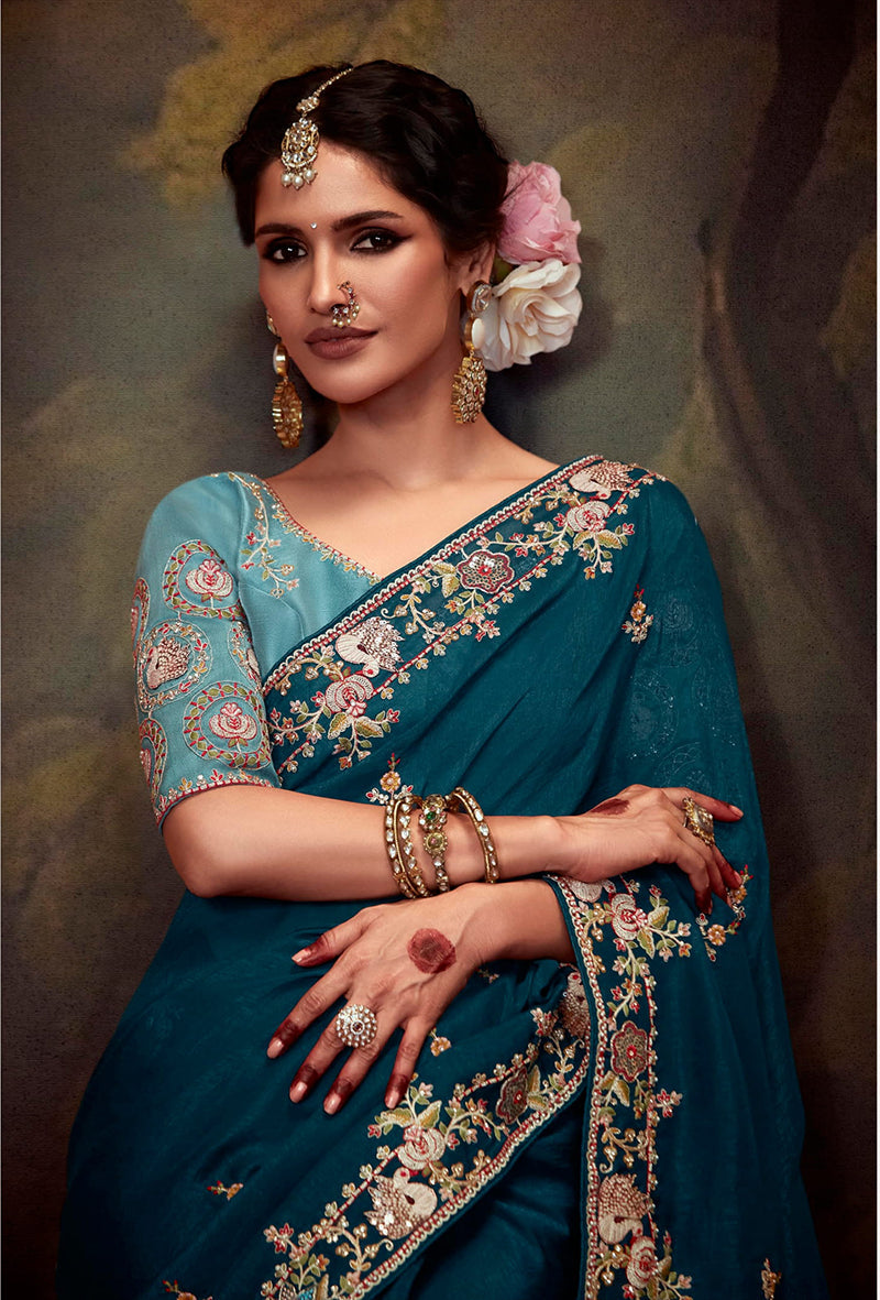 Monjolika Fashion Embroidered Thread Work Organza Dark Teal Classic Saree