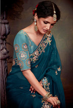 Monjolika Fashion Embroidered Thread Work Organza Dark Teal Classic Saree