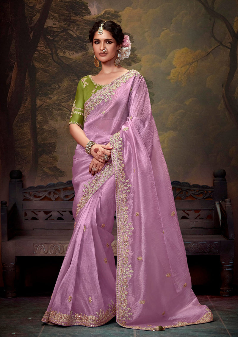 Monjolika Fashion Organza Embroidered Thread Work Mauve Contemporary Saree