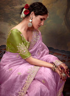 Monjolika Fashion Organza Embroidered Thread Work Mauve Contemporary Saree
